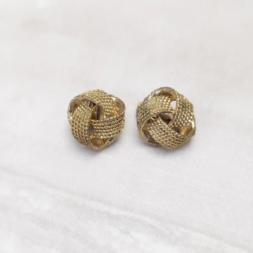 Vintage Clip On Earrings Gold Tone Patterned Knot Design - Fair Condition